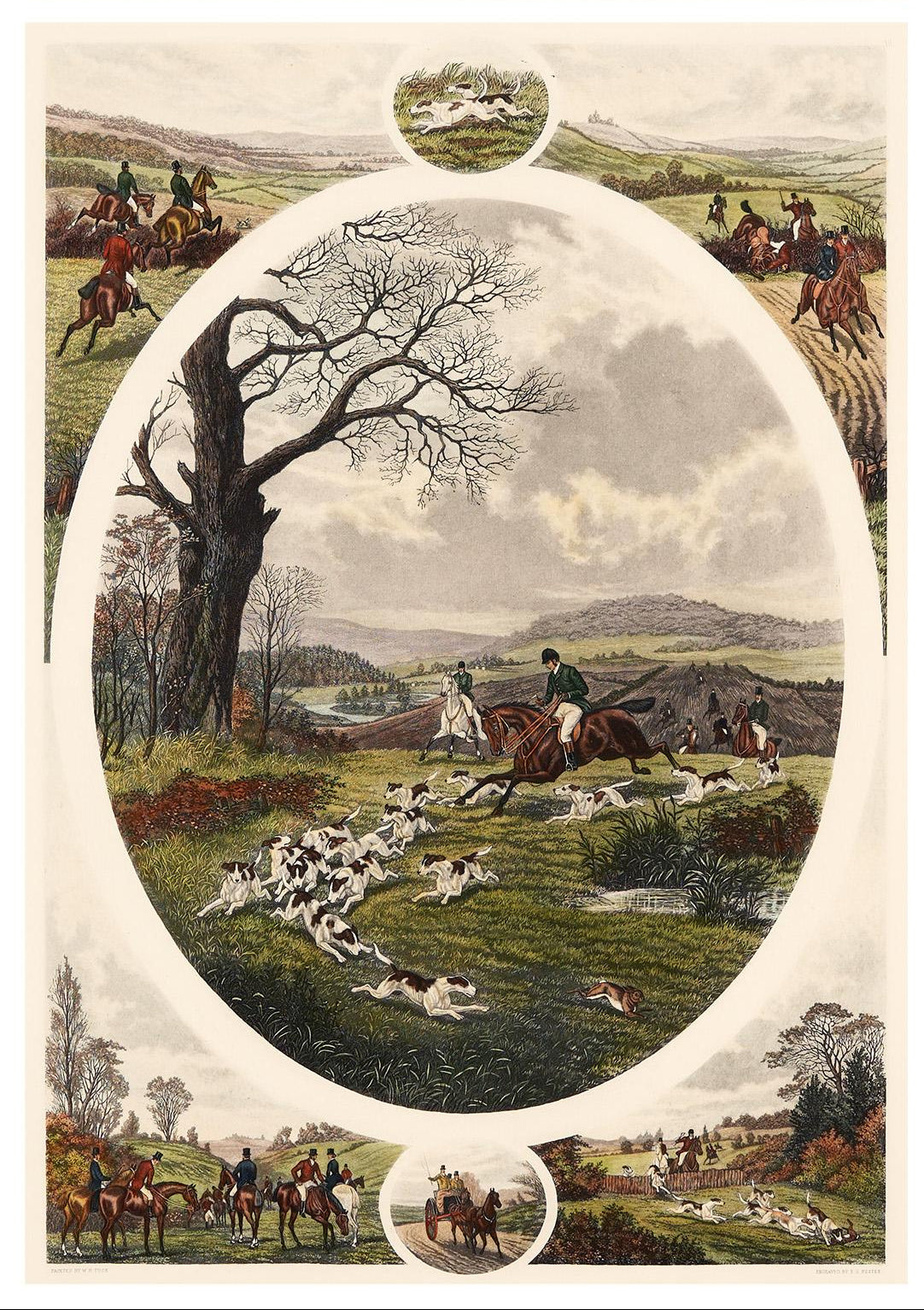 Vintage "A Day With The Harriers" Wood-Framed Print by British Artist William Henry Tuck