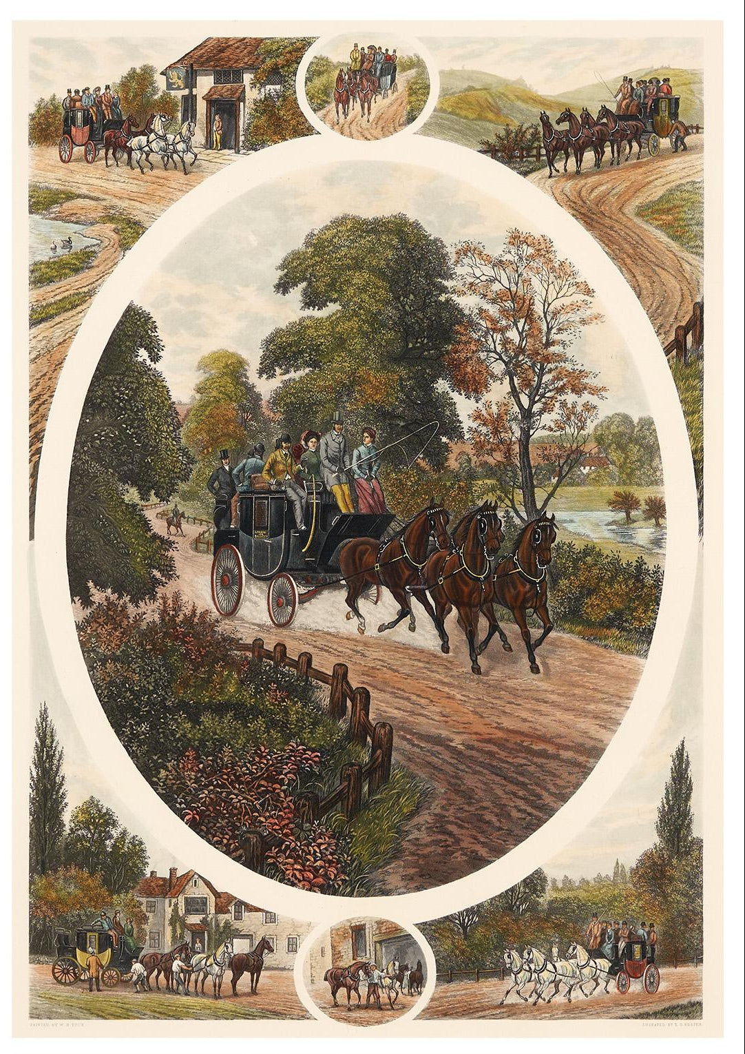 Vintage "Coaching" Wood-Framed Print by British Artist William Henry Tuck