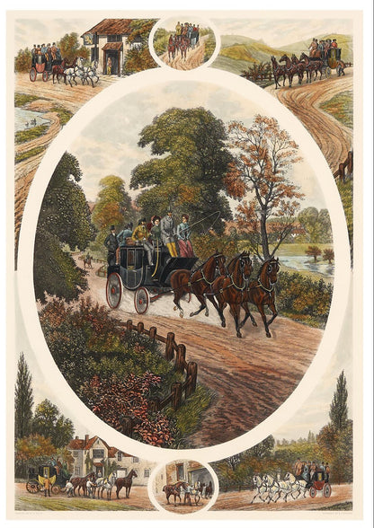 Vintage "Coaching" Wood-Framed Print by British Artist William Henry Tuck