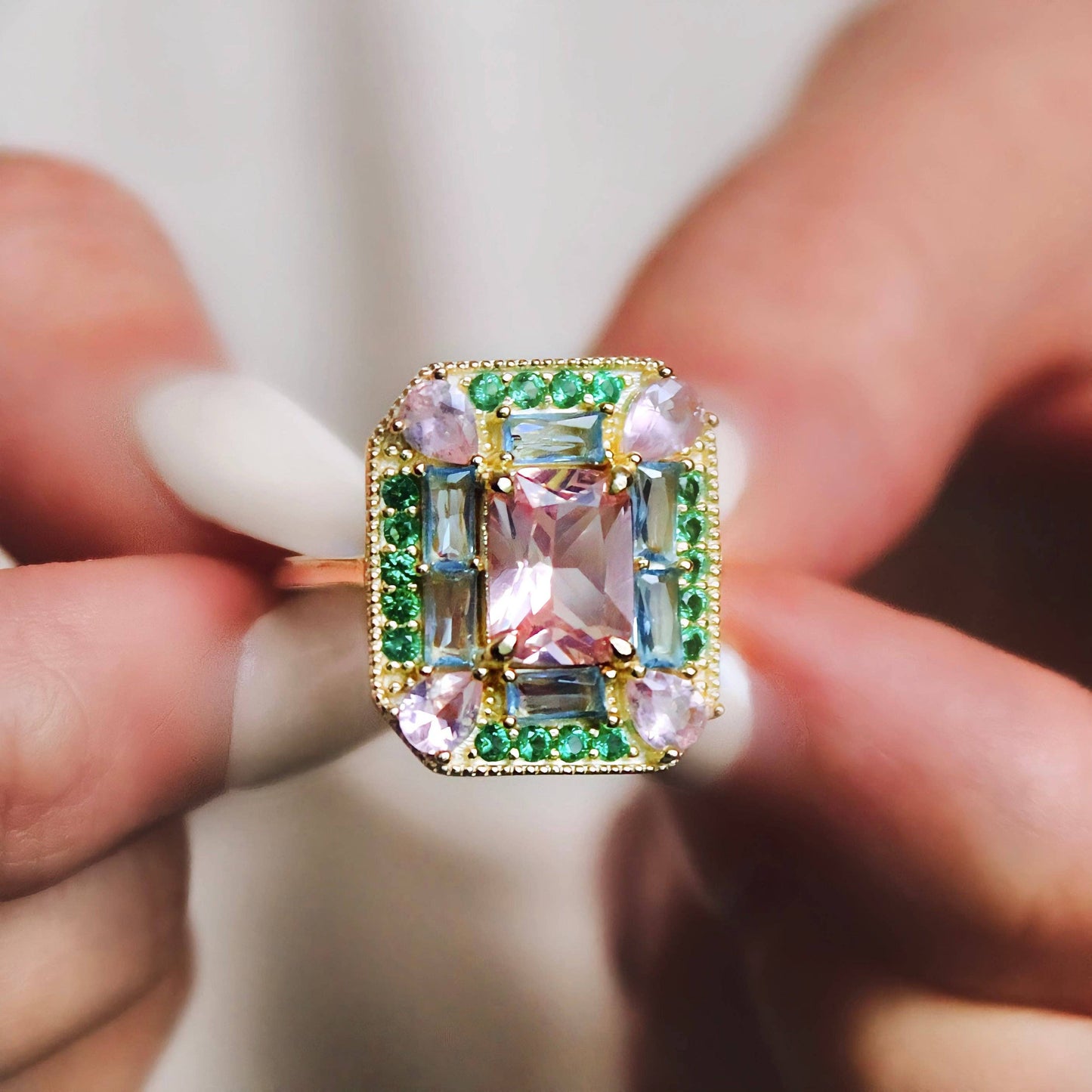 The Marlowe Ring - Morganite, Emerald & Aquamarine Cocktail Ring, Size 6
