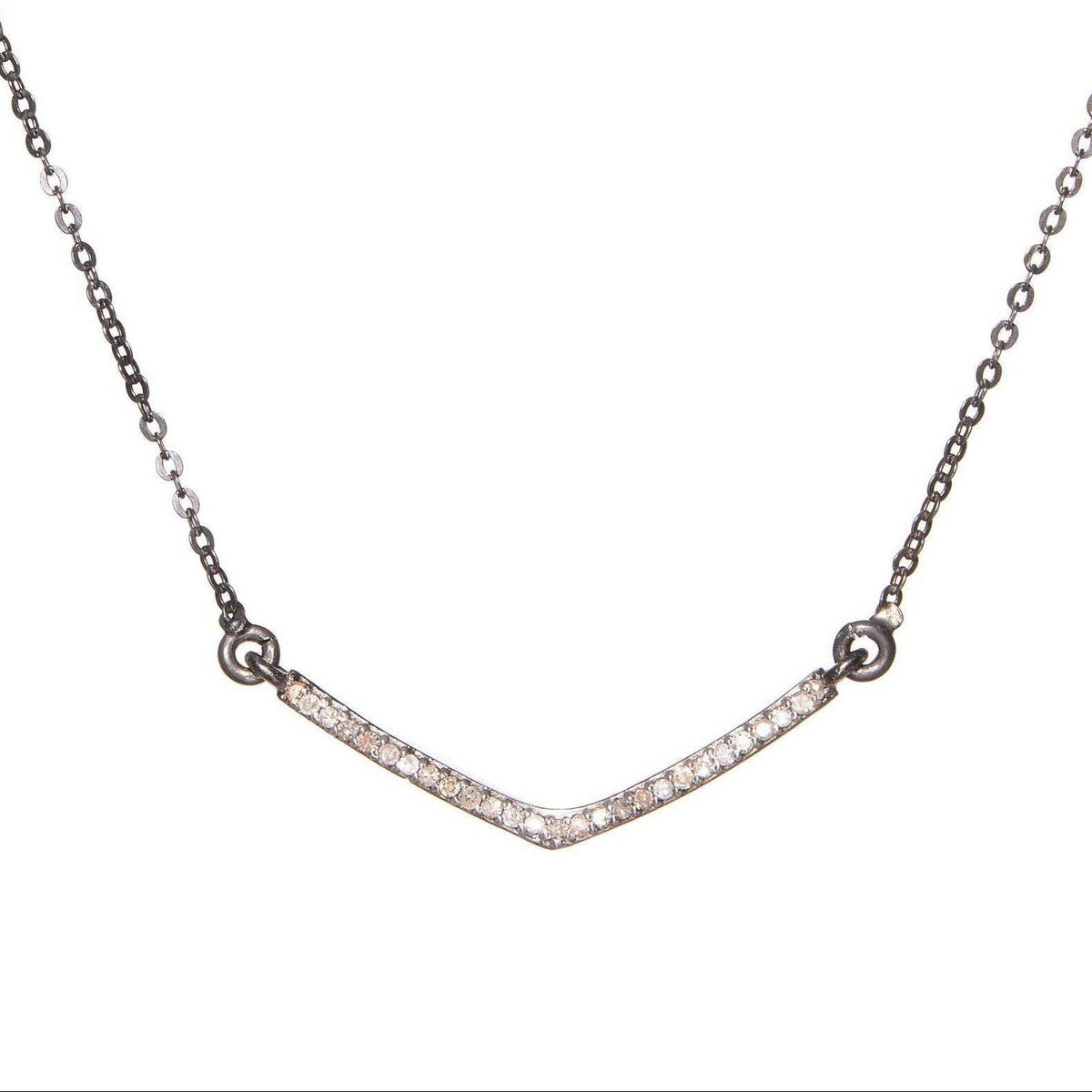 Pave Champagne Diamonds V Shaped Oxidized Silver Pendant Necklace