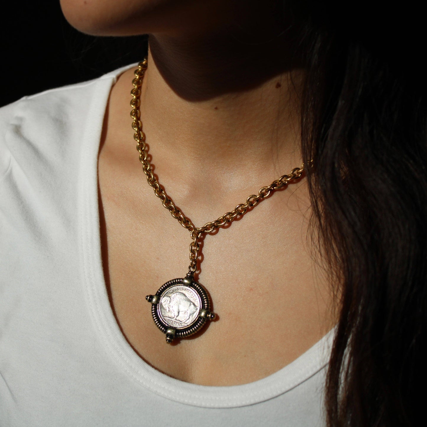 Pewter Buffalo Coin 12kt Antiqued Gold Finish Necklace