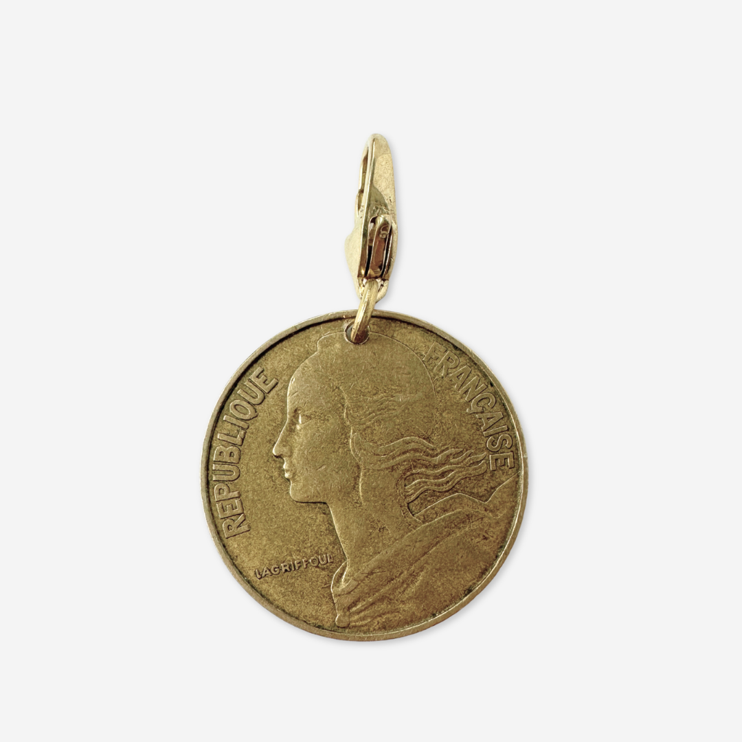 1969 French 20 Centimes Coin 14kt Gold Vermeil Paper Clip Necklace