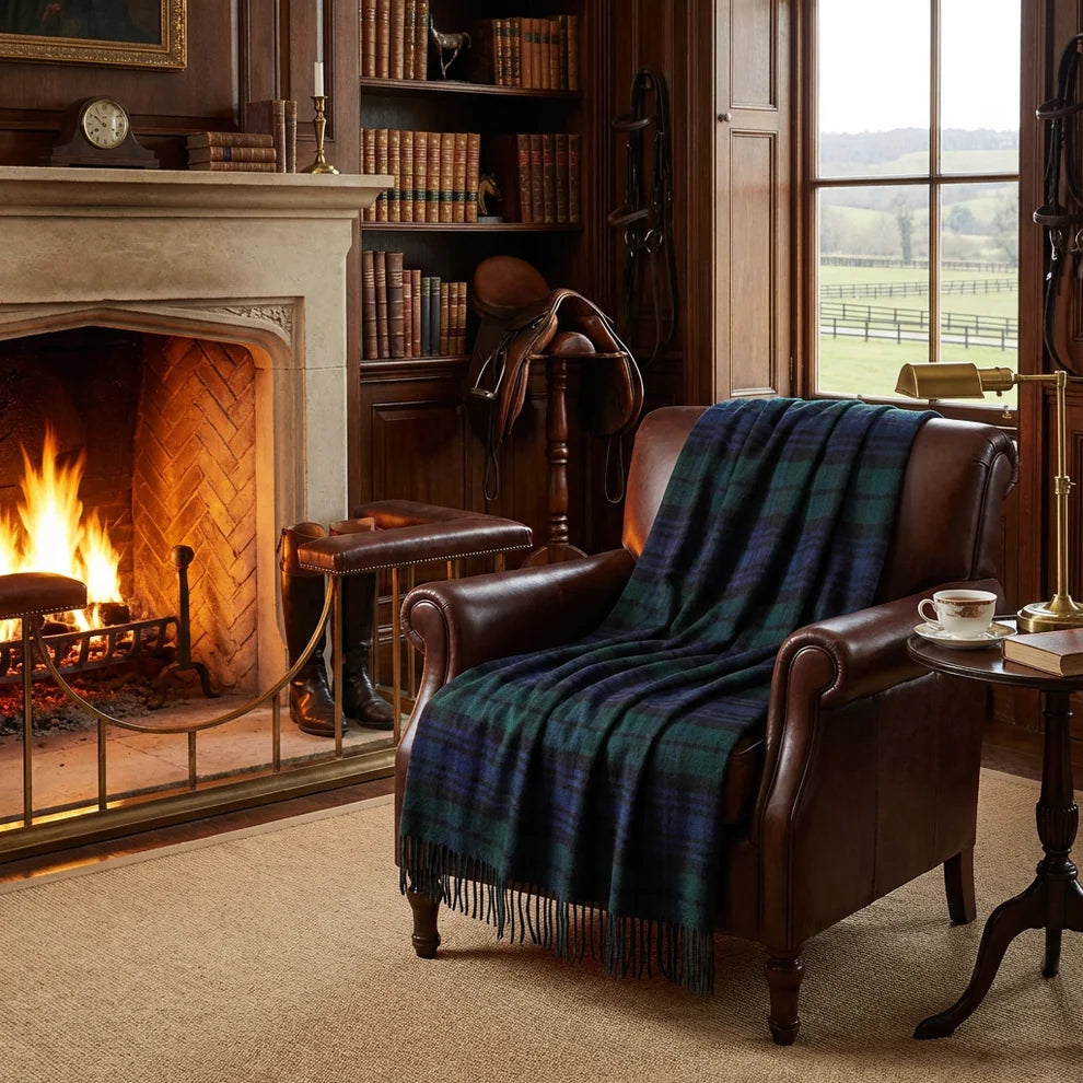 Black Watch Tartan Highland Tweeds Wool Fluffy Throw  - Made in England