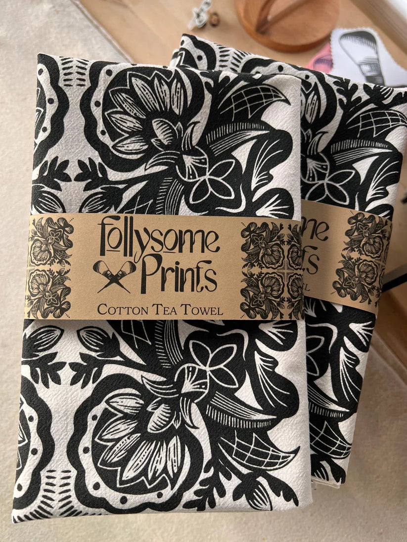 Black Rosemaling Art Cotton Tea Towel Silkscreened by Illinois Maker
