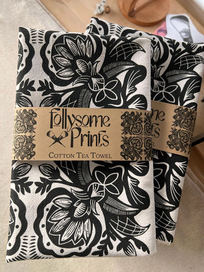 Black Rosemaling Art Cotton Tea Towel Silkscreened by Illinois Maker