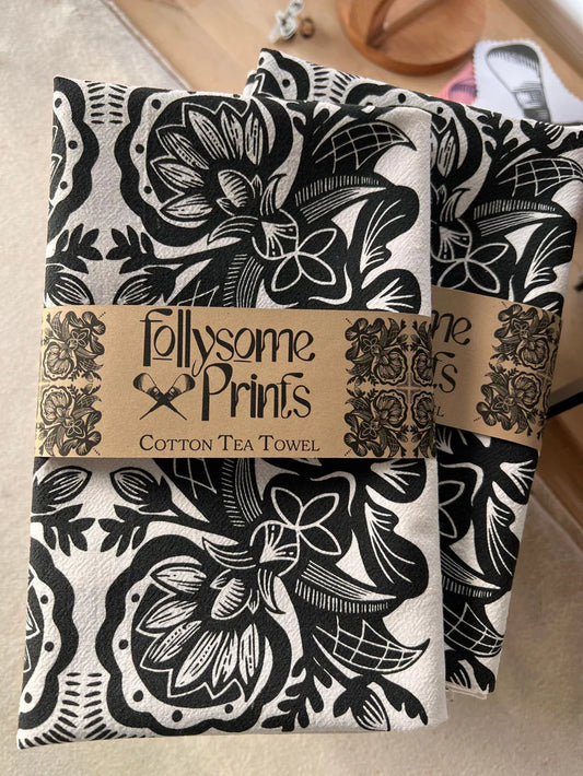 Black Rosemaling Art Cotton Tea Towel Silkscreened by Illinois Maker