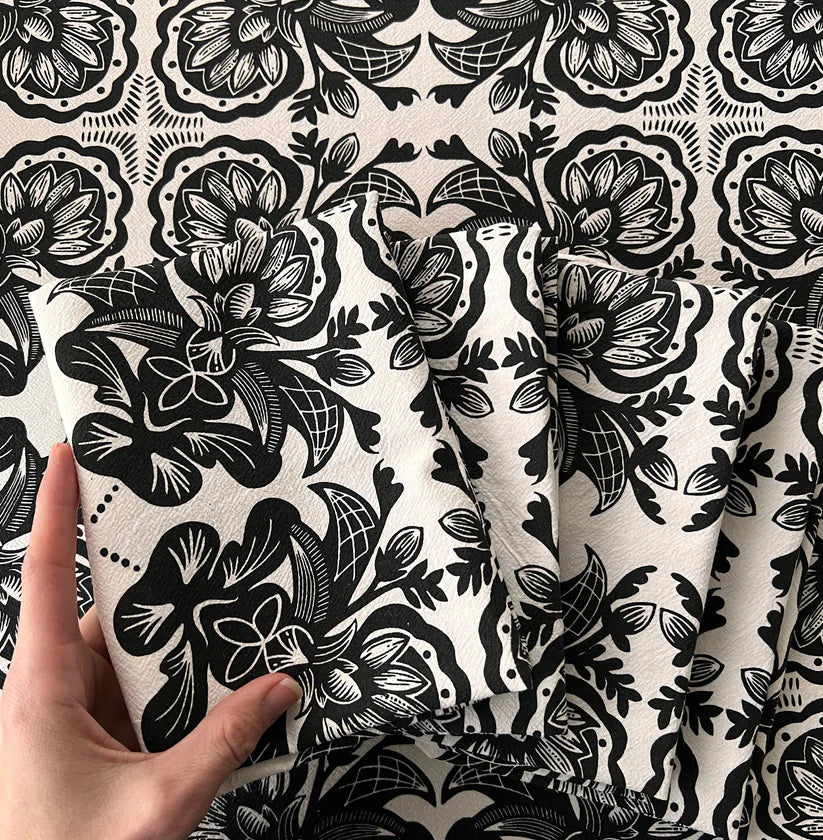 Black Rosemaling Art Cotton Tea Towel Silkscreened by Illinois Maker