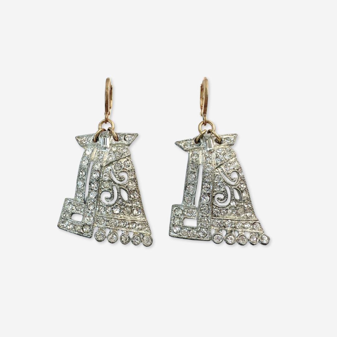 The Abigail-  Refashioned Vintage Art Deco Silver and Rhinestone Earrings