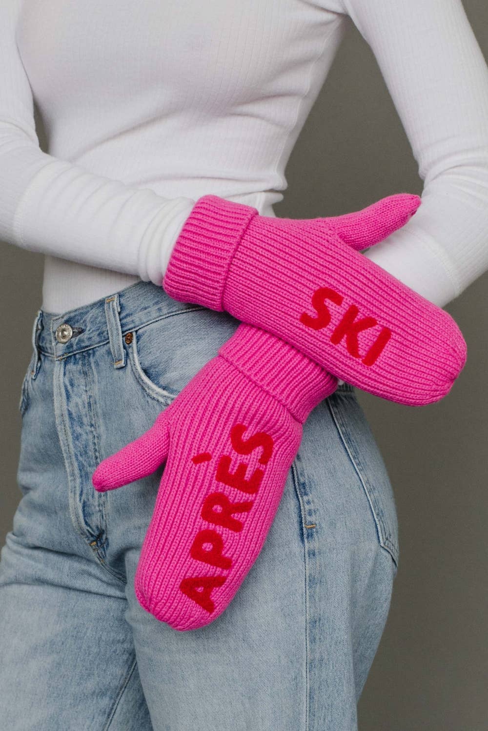 Bright Pink & Red Apres Ski Knit Mittens