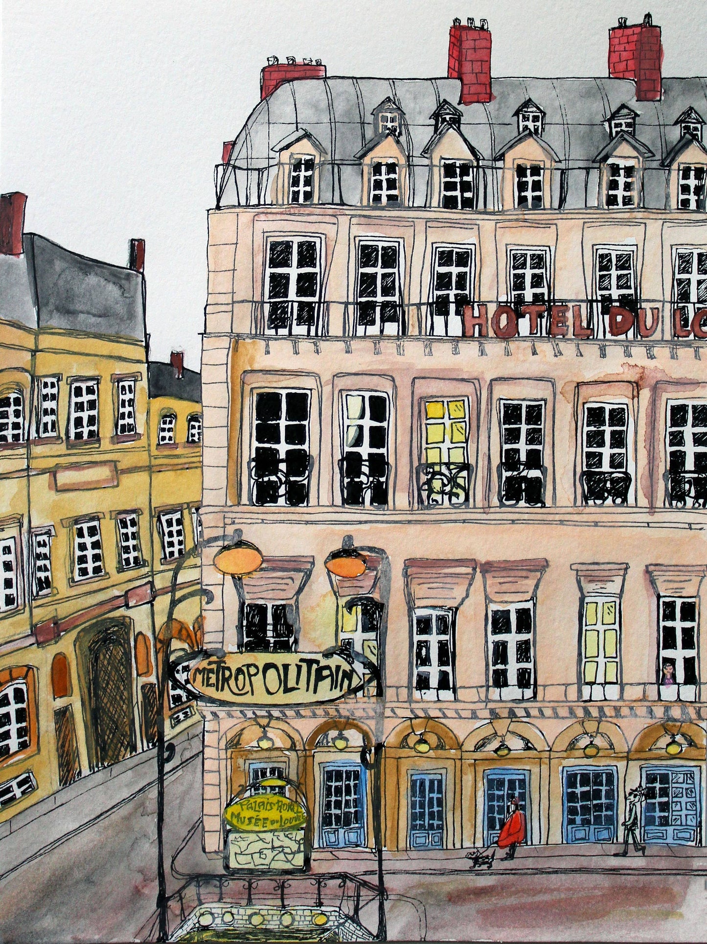 Hotel du Louvre Paris Watercolor Giclée Framed Fine Art Print by Pascale Berkowitz