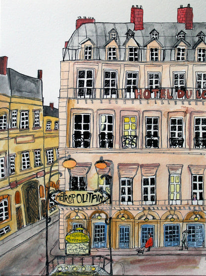 Hotel du Louvre Paris Watercolor Giclée Framed Fine Art Print by Pascale Berkowitz