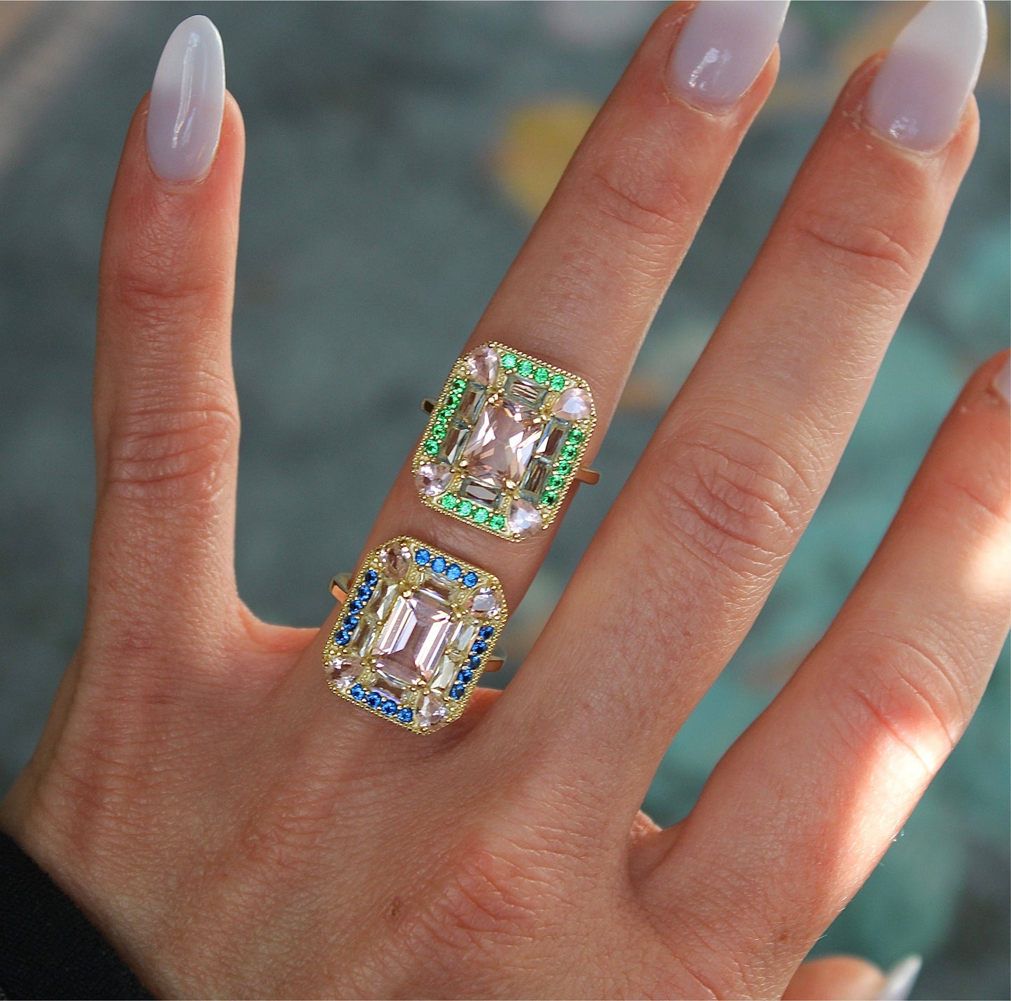The Marlowe Ring - Morganite, Emerald & Aquamarine Cocktail Ring, Size 6