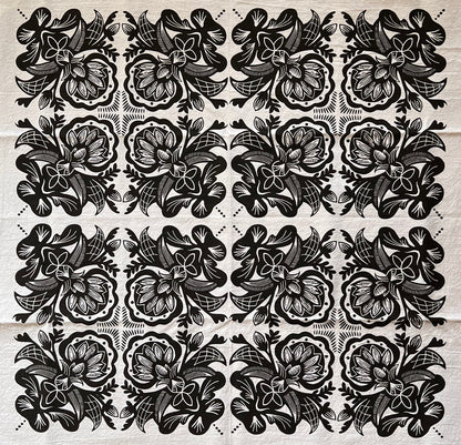 Black Rosemaling Art Cotton Tea Towel Silkscreened by Illinois Maker