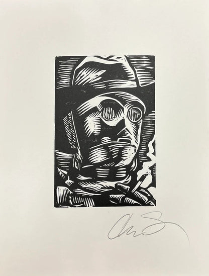 Signed Framed "C-3PO Smoking Space Cowboy" Hand Pulled Linoleum Block Print by Charles State