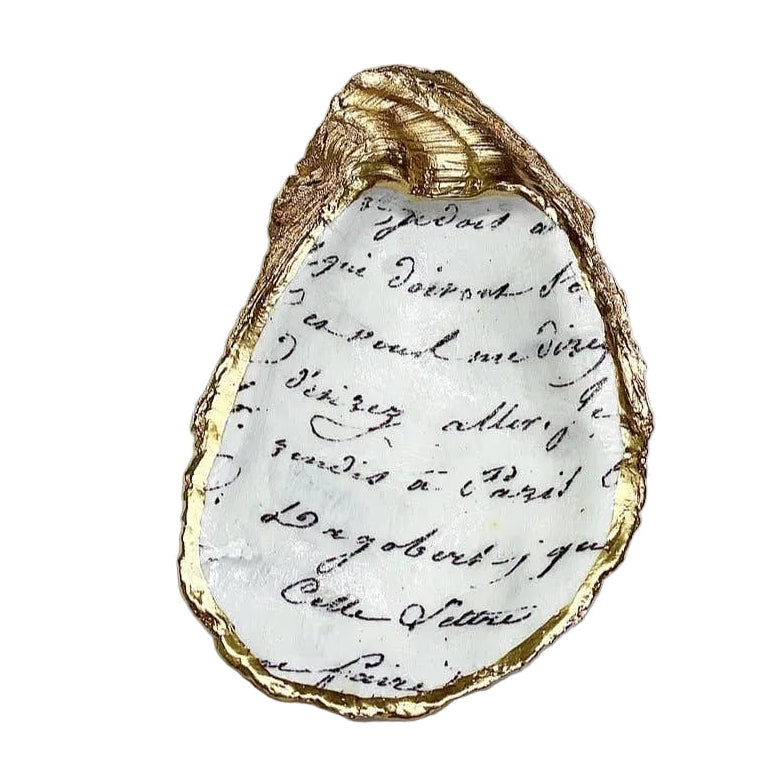 French Script Handmade Decoupaged Oyster Shell Trinket Dish