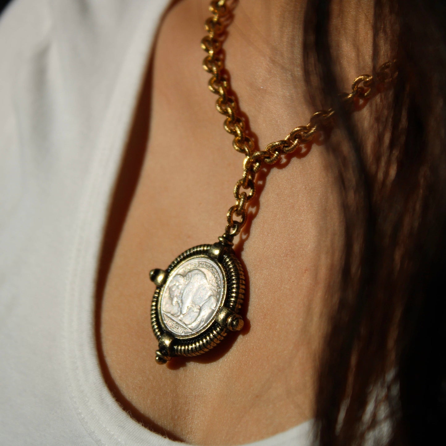 Pewter Buffalo Coin 12kt Antiqued Gold Finish Necklace
