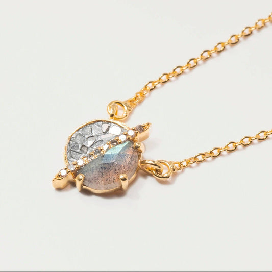 Natural Diamond Slices, Pavé Champagne Diamonds & Labradorite 18kt Gold Vermeil Necklace