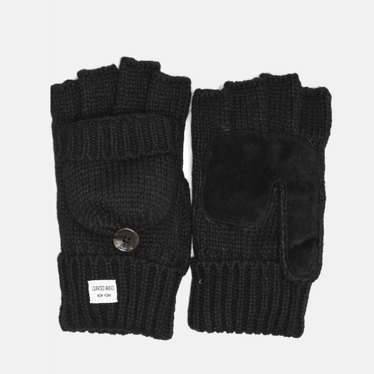 Black Wool & Leather Palm Fleece Lined Fingerless Gloves/Mittens