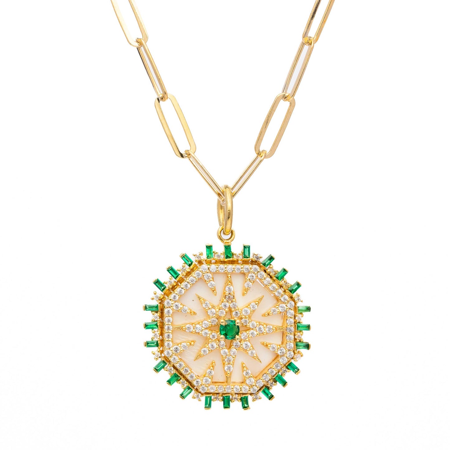 Art Deco Mother of Pearl Emerald Pavé & Moissanite 14kt Gold Vermeil Necklace