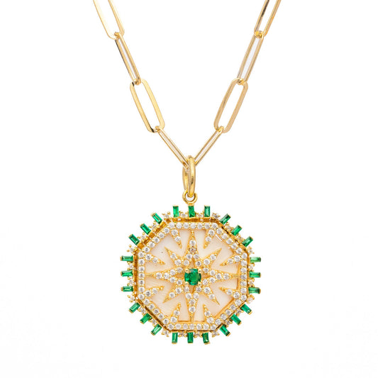 Art Deco Mother of Pearl Emerald Pavé & Moissanite 14kt Gold Vermeil Necklace