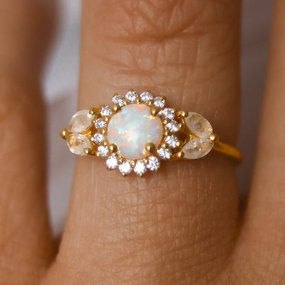 Simulated Opal & Natural Rainbow Moonstone 18kt Gold Vermeil Cocktail Ring - Size 5