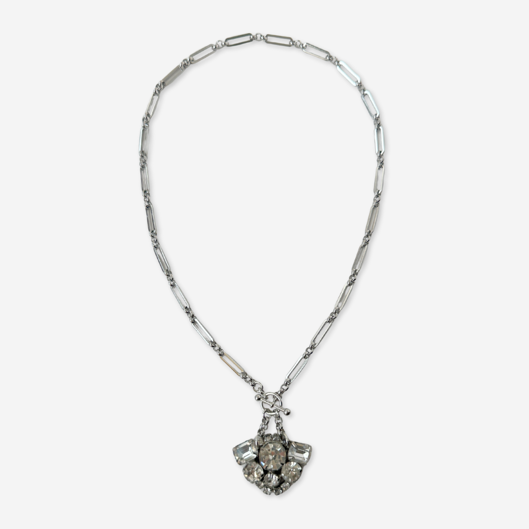 The Florence - Vintage Rhinestone Pendant with Silver Plated Oval Link Chain
