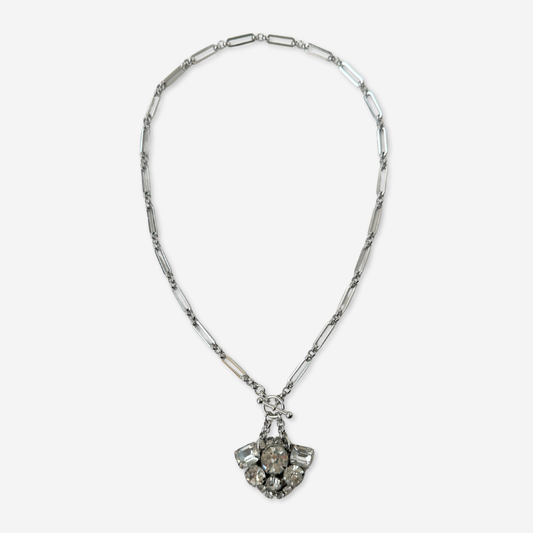 The Florence - Vintage Rhinestone Pendant with Silver Plated Oval Link Chain