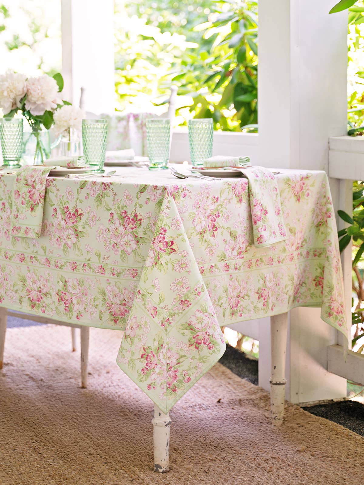 April Cornell 100% Cotton Apple Blossom Light Green Floral Tablecloth - 60x108