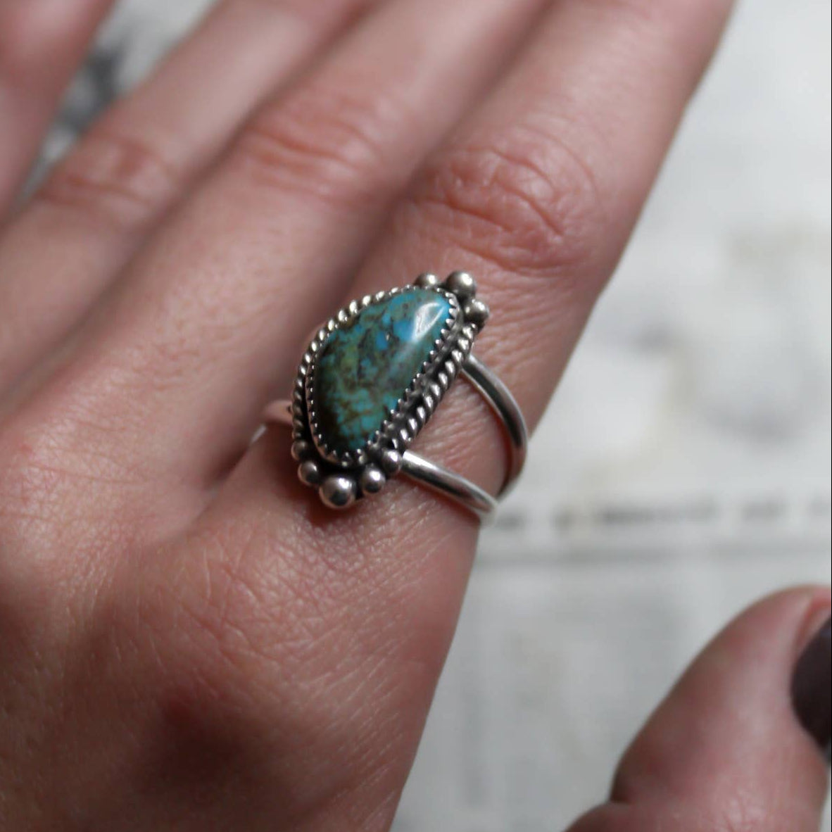 Native American Made Turquoise Sterling Silver Ring - Size 8.5
