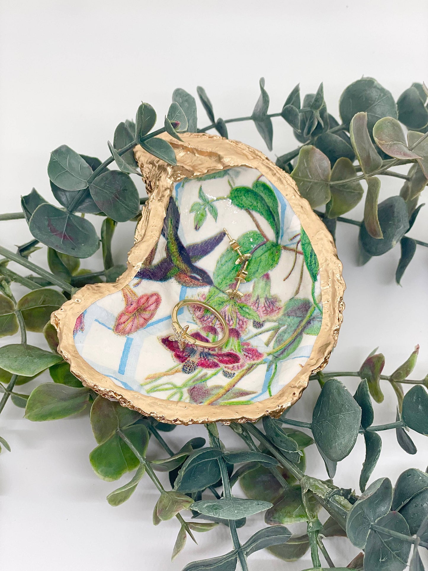 Hummingbird Painted Oyster Trinket Dish
