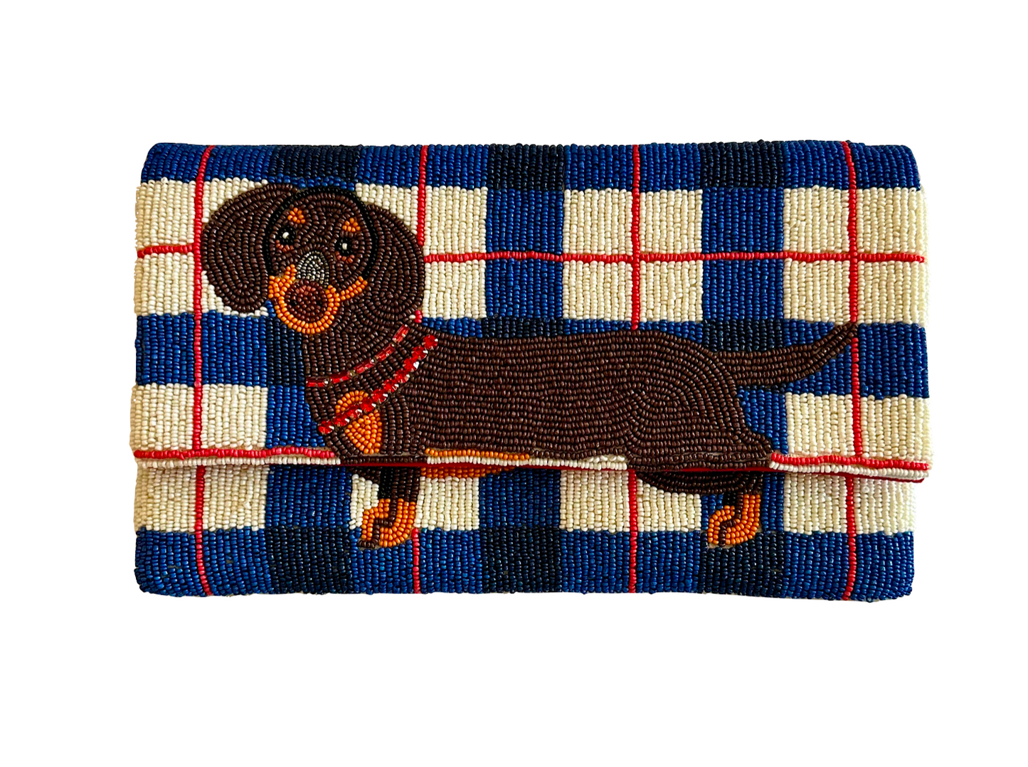 Dachshund Plaid Hand Beaded Crossbody Clutch Purse
