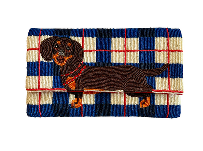 Dachshund Plaid Hand Beaded Crossbody Clutch Purse