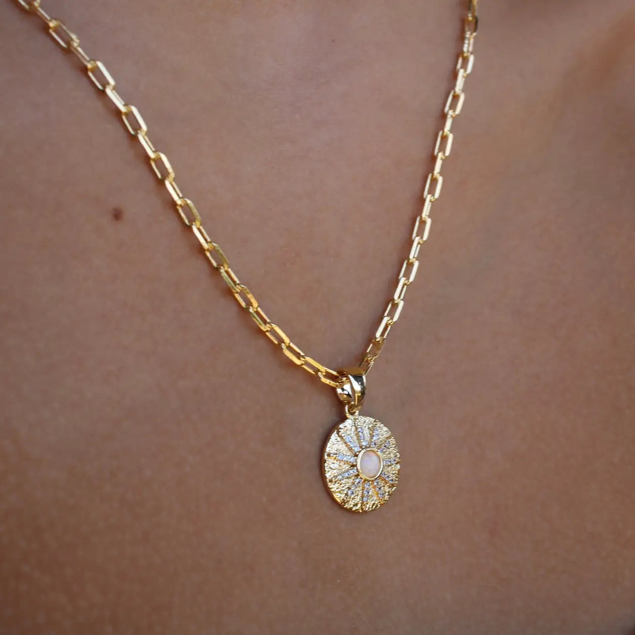 Lab Opal Sunburst 18kt Gold Filled Paperclip Necklace