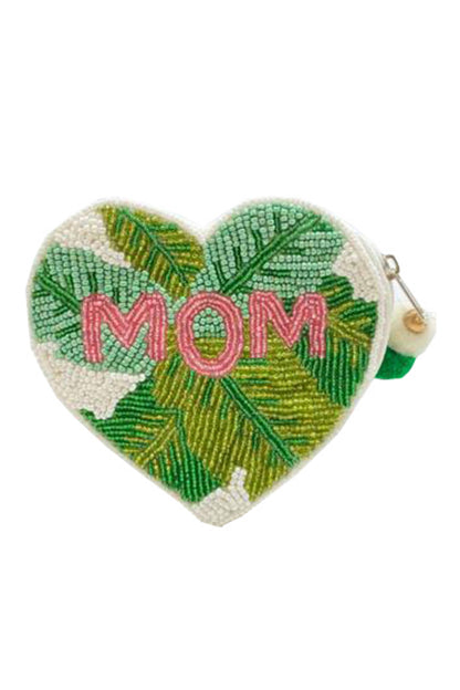 Mom Leaf Print Beaded Coin Purse