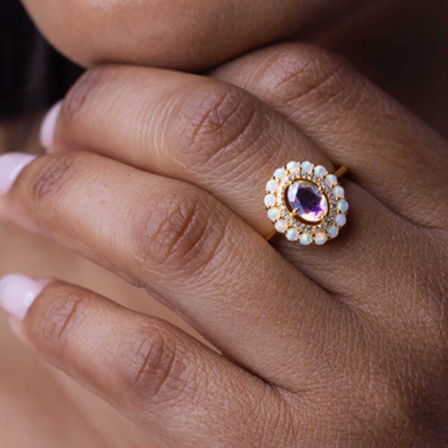 Oval Angel Aura Quartz & Simulated Opals 18kt Gold Vermeil Ring - Size 6