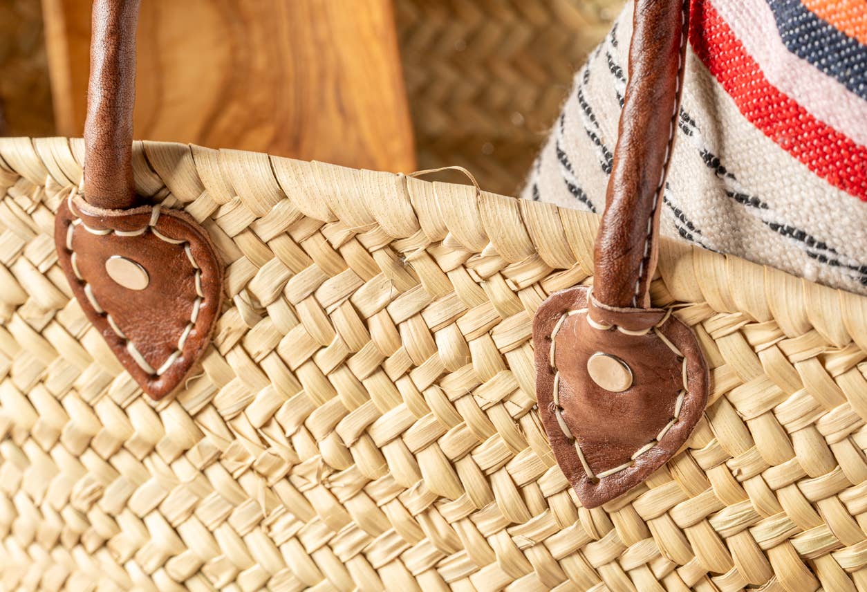 Handwoven Palm Market Basket with Moroccan Leather Handles