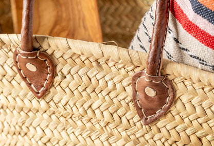 Handwoven Palm Market Basket with Moroccan Leather Handles