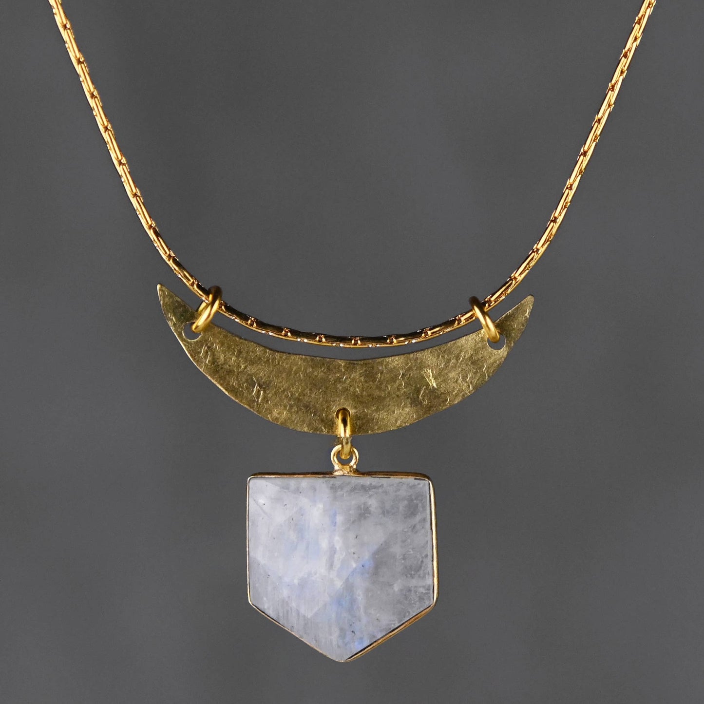 Labradorite Shield & Hammered Crescent Moon Necklace
