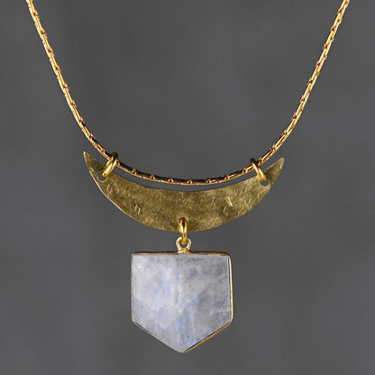 Labradorite Shield & Hammered Crescent Moon Necklace