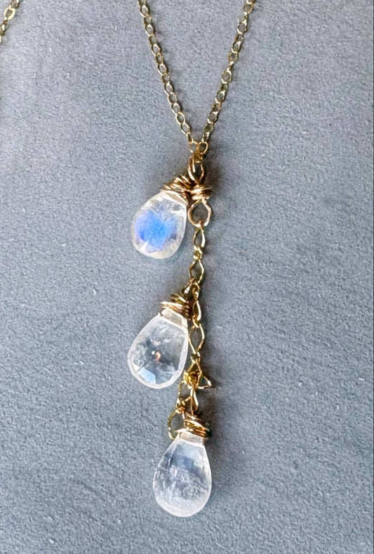 Triple Moonstone Drop Necklace in Gold Fill