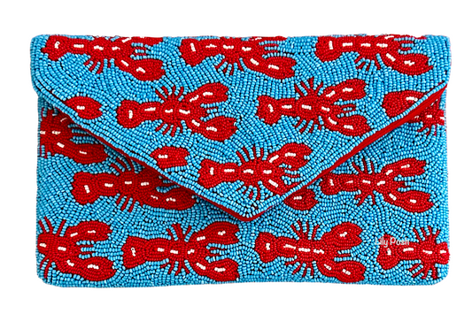 Hand Beaded Turquoise Lobster Clutch Crossbody Purse