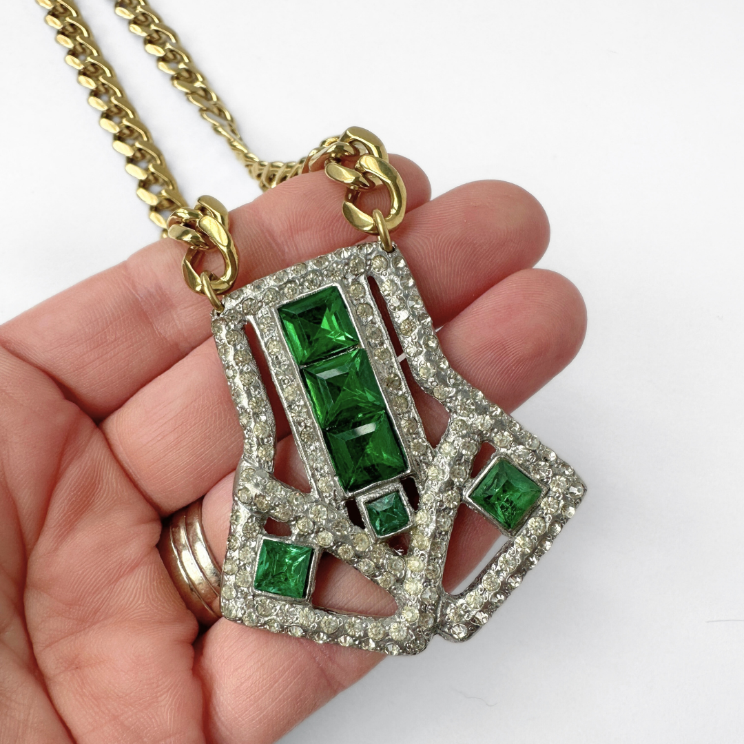 The Dominica - Refashioned Vintage Green Rhinestone Art Deco Necklace