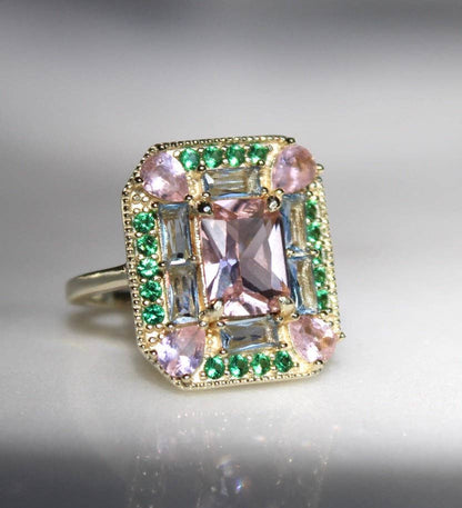The Marlowe Ring - Morganite, Emerald & Aquamarine Cocktail Ring, Size 6