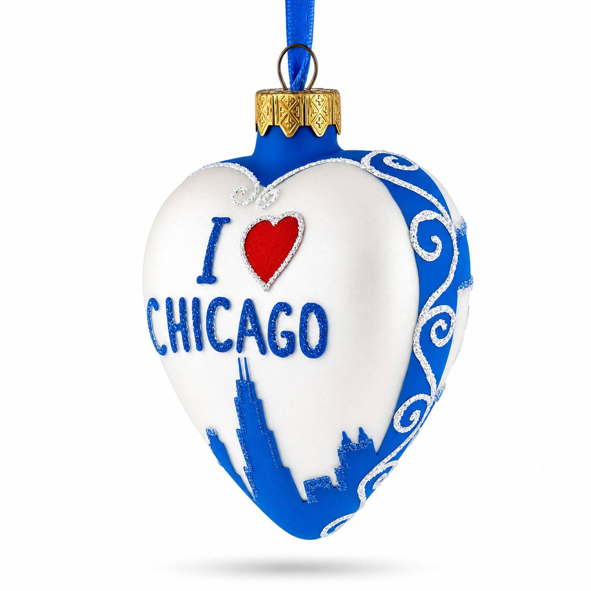 I Love Chicago Heart Blown-Glass Hand Painted Christmas Ornament