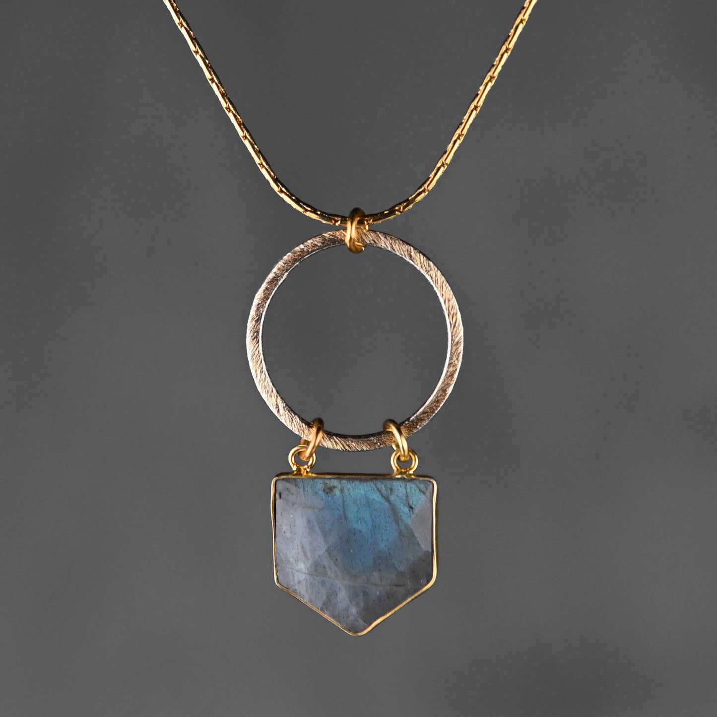 Labradorite Shield & Hammered Circle Necklace