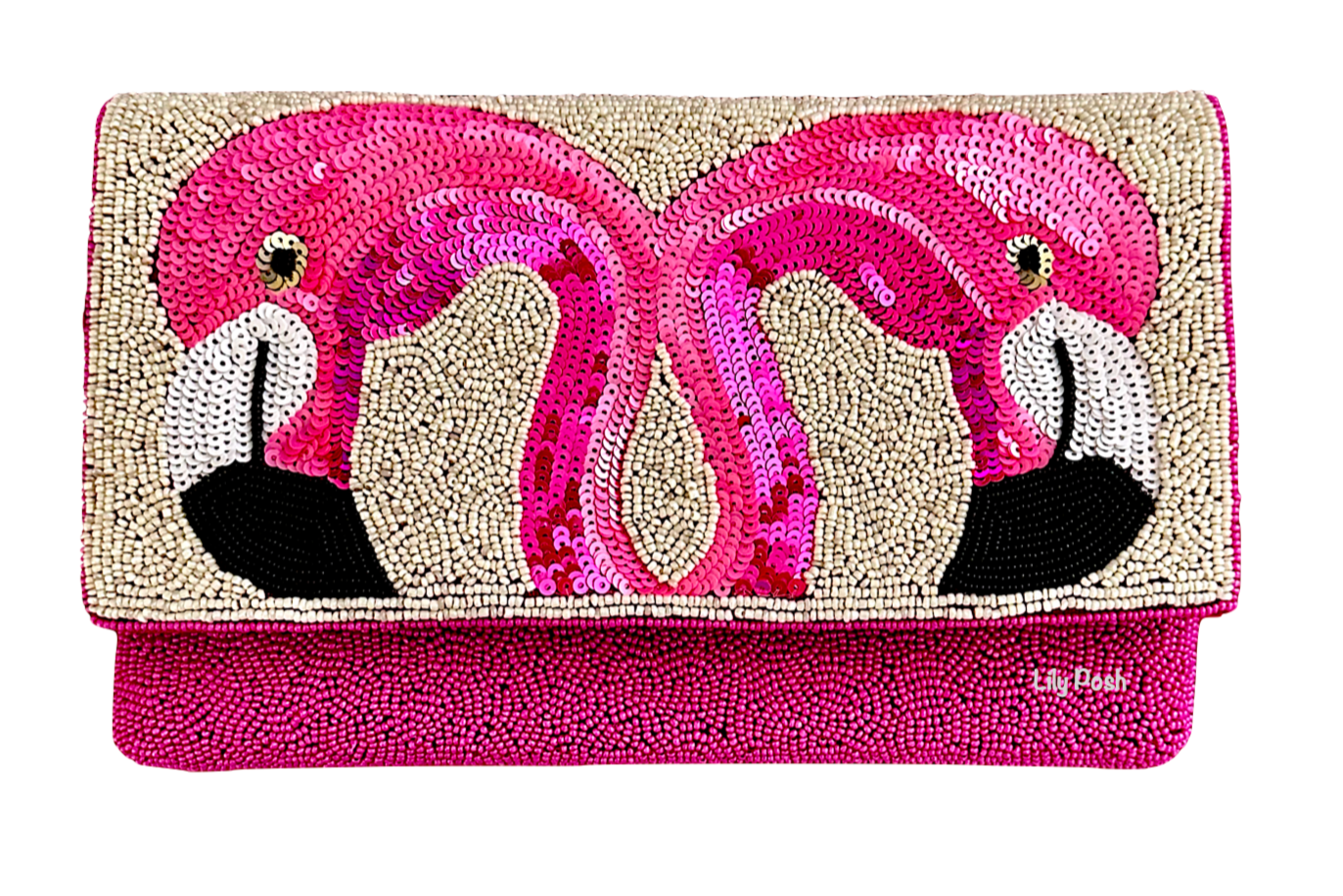 Flamingo Beaded & Sequined Crossbody Clutch