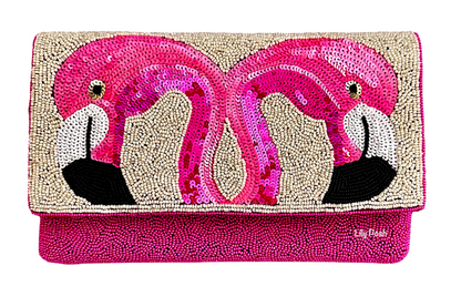 Flamingo Beaded & Sequined Crossbody Clutch