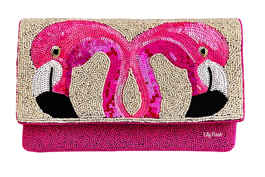 Flamingo Beaded & Sequined Crossbody Clutch