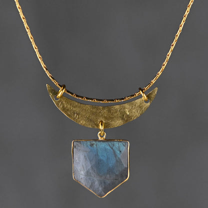 Labradorite Shield & Hammered Crescent Moon Necklace